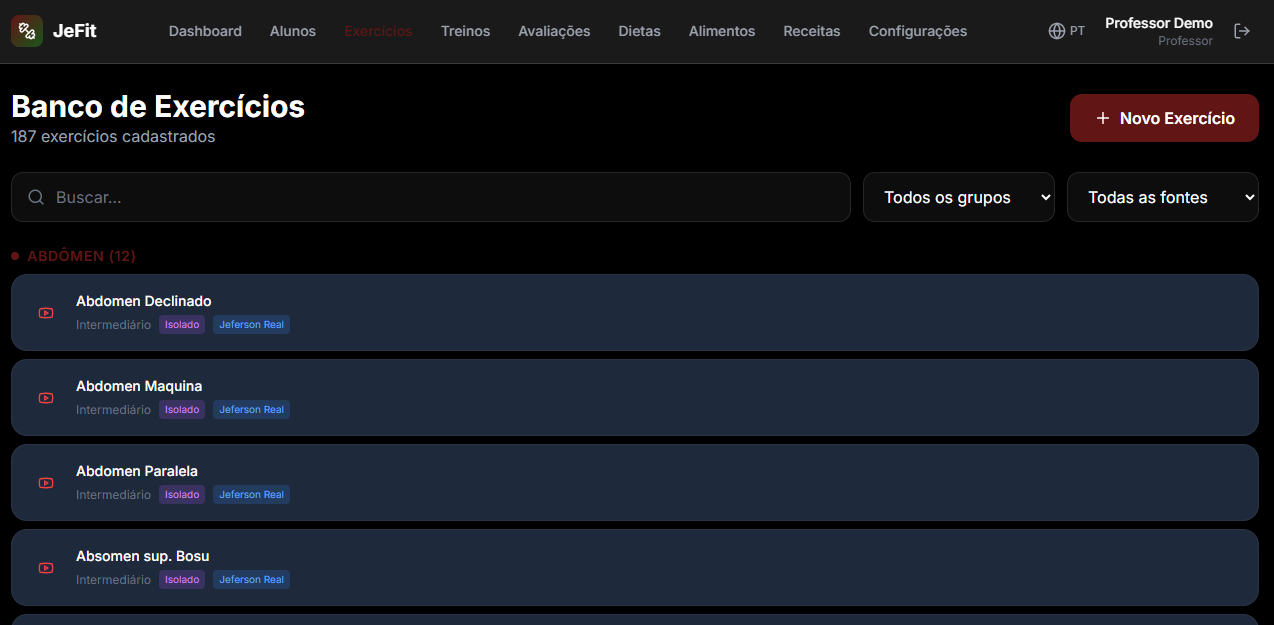 Dashboard JeFit — sistema para personal trainer